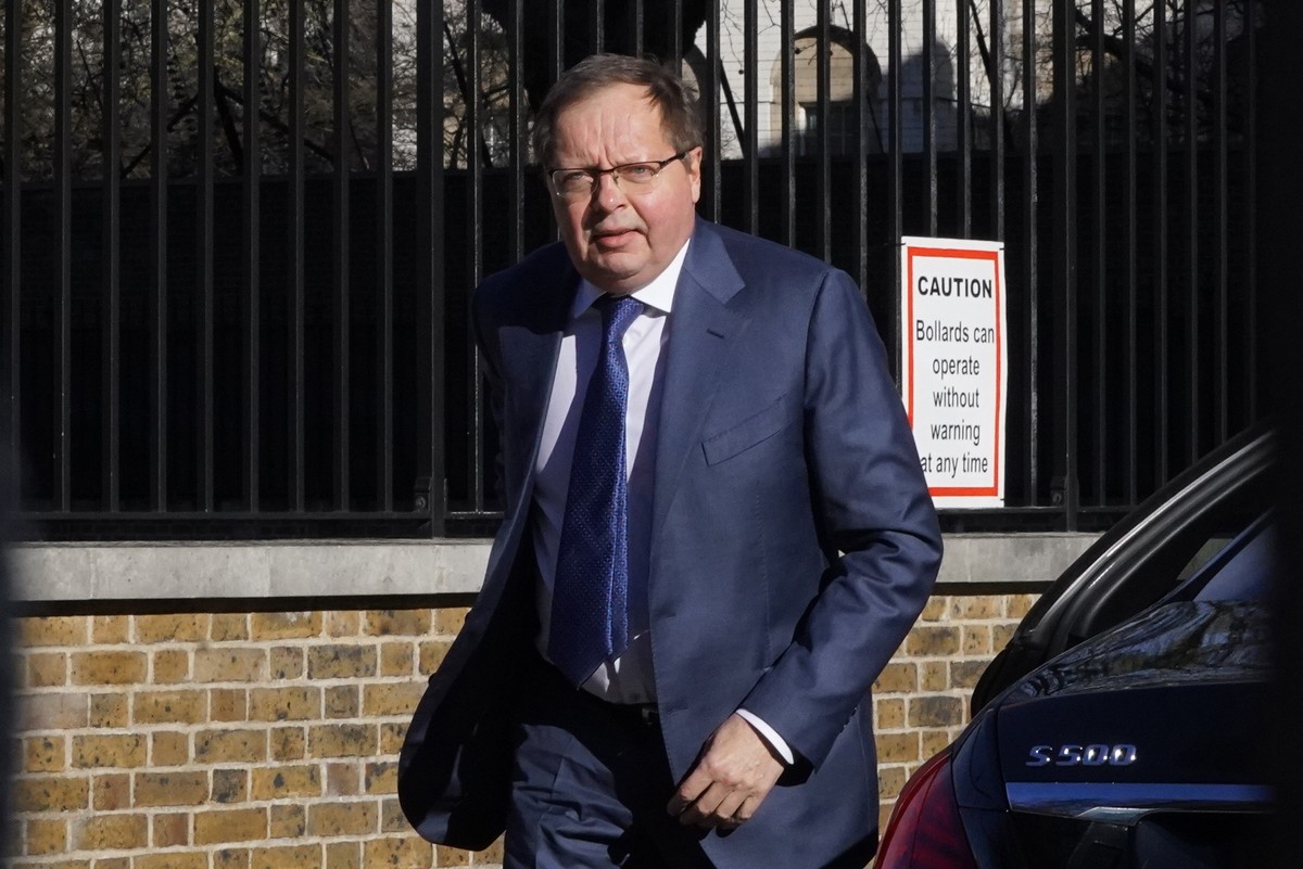 Ambassador of the Russian Federation to the UK Andrei Kelin, arrives at the Foreign, Commonwealth and Development Office in central London, Thursday, Feb. 24, 2022, after being summoned to a meeting f ...