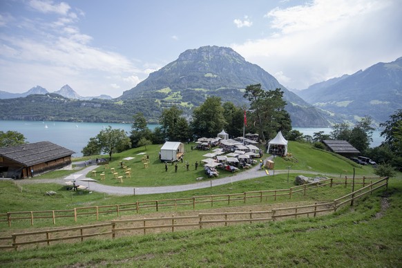 Eine Uebersicht der Ruetliwiese waehrend der Bundesfeier auf dem Ruetli, am Samstag, 1. August 2020. (KEYSTONE/Urs Flueeler).