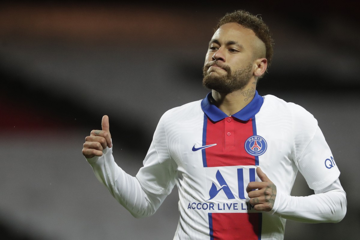 PSG's Neymar reacts during the French League One soccer match between Brest and Paris Saint-Germain at the Stade Francis-Le Ble stadium in Brest, France, Sunday, May 23, 2021. (AP Photo/Thibault  ...