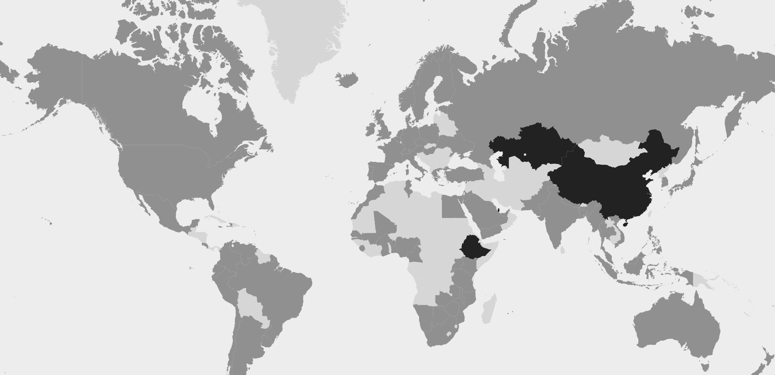 Je dunkler das Land eingefärbt ist, desto stärker ist die Internetzensur durch die Regierung. Für die hellgrauen Länder stehen keine Daten zur Verfügung.