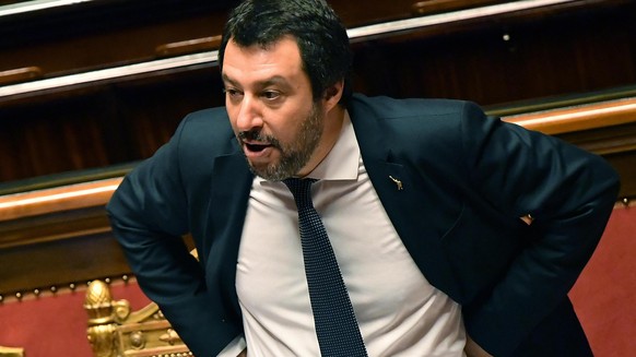 epa06804120 Italian Interior Minister Matteo Salvini delivers a speech about the rescue ship Aquarius at the Lower Chamber of the Italian Parliament, in Rome, Italy, 13 June 2018. Media reported that  ...