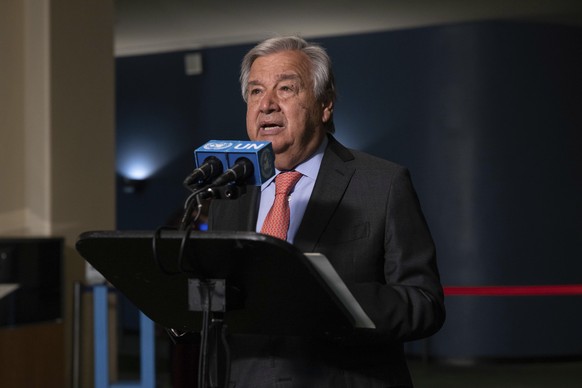 United Nations Secretary-General Antonio Guterres makes remarks before the 2022 Nuclear Non-Proliferation Treaty (NPT) review conference in the United Nations General Assembly, Monday, Aug. 1, 2022. ( ...
