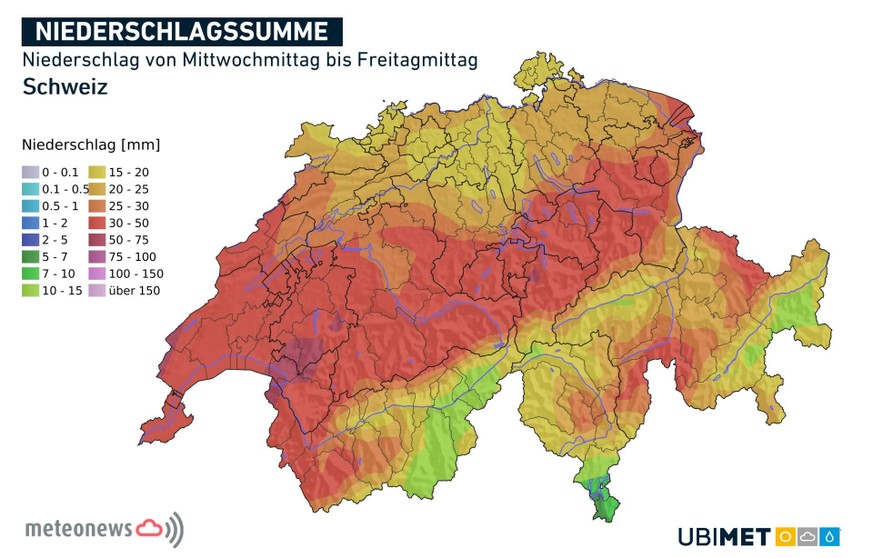 Die erwartete Niederschlagssumme in der Woche vom 5. bis 11. Oktober 2026 in der Schweiz.