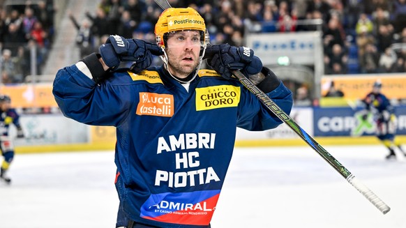 PostFinance Top Scorer Christopher DiDomenico (HCAP) celebrate his goal, during the regular season National League game between HC Ambri Piotta and EHC Kloten at the ice stadium Gottardo Arena, Switze ...