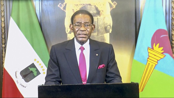 In this image taken from video provided by UN Web TV, Teodoro Obiang Nguema Mbasogo, President Equatorial Guinea, remotely addresses the 76th session of the United Nations General Assembly in a pre-re ...