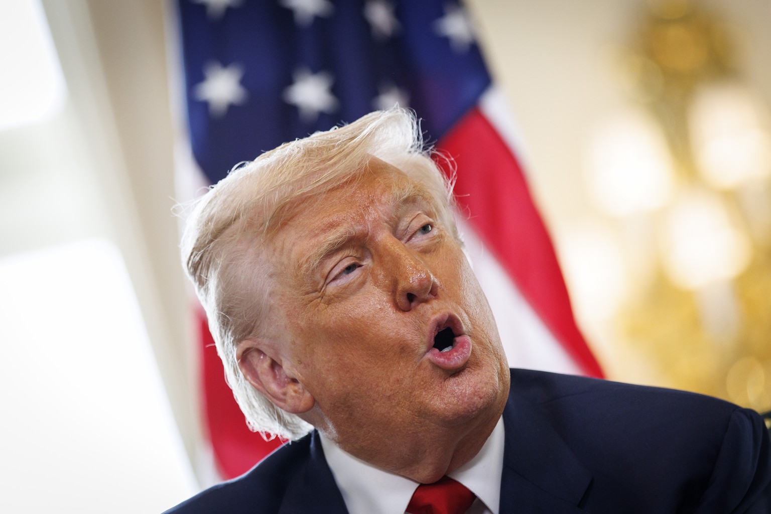 epa12269119 US President Donald J. Trump speaks to the media during a bilateral meeting with British prime minister at the Trump Turnberry golf resort in Turnberry, Scotland, Britain, 28 July 2025. Pr ...