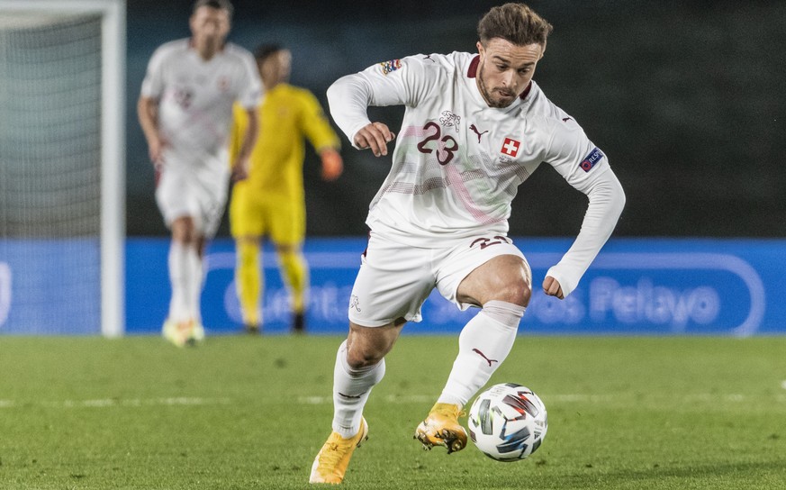 Switzerland&#039;s Xherdan Shaqiri plays the ball during the UEFA Nations League soccer match between Spain and Switzerland, at the Alfredo Di Stefano stadium in Madrid, Spain, Saturday, October 10, 2 ...