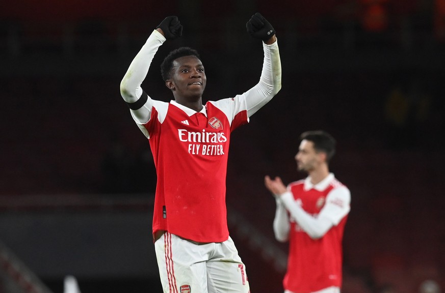 epa10378863 Arsenal&#039;s Eddie Nketiah reacts after the English Premier League soccer match between Arsenal Football Club and West Ham United in London, Britain, 26 December 2022. EPA/Neil Hall EDIT ...