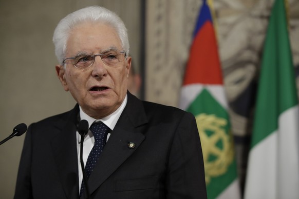 Italian President Sergio Mattarella meets reporters at Rome&#039;s Quirinale presidential palace, Thursday, Aug. 22, 2019. Mattarella continued receiving political leaders Thursday, to explore if a so ...