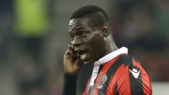 FILE- In this Thursday, Nov. 3, 2016 file photo, Nice&#039;s forward Mario Balotelli, of Italy, reacts during the Europa League group I soccer match between OGC Nice and FC Salzburg, in Nice stadium,  ...