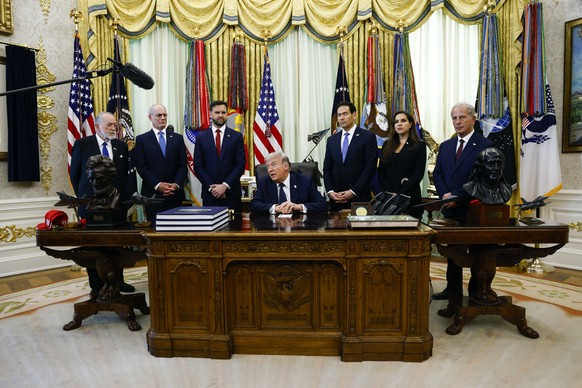 epa12910259 US President Donald Trump speaks to the media in the Oval Office of the White House in Washington, DC, USA, 23 April 2026. President Trump met with Lebanese and Israeli envoys at the White ...