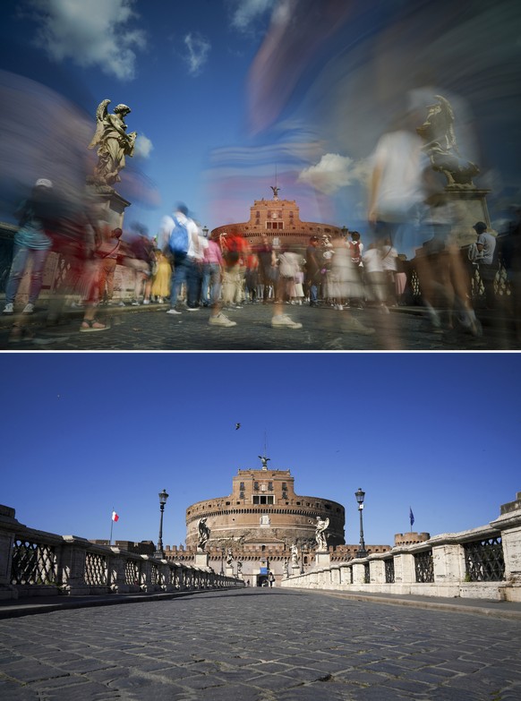 FILE - This combo of two images shows the Sant&#039;Angelo bridge leading up to Castel Sant&#039;Angelo, in Rome, at 8.32gmt on Tuesday, Sept. 24, 2019, top and at 13.30gmt on Wednesday, March 11, 202 ...