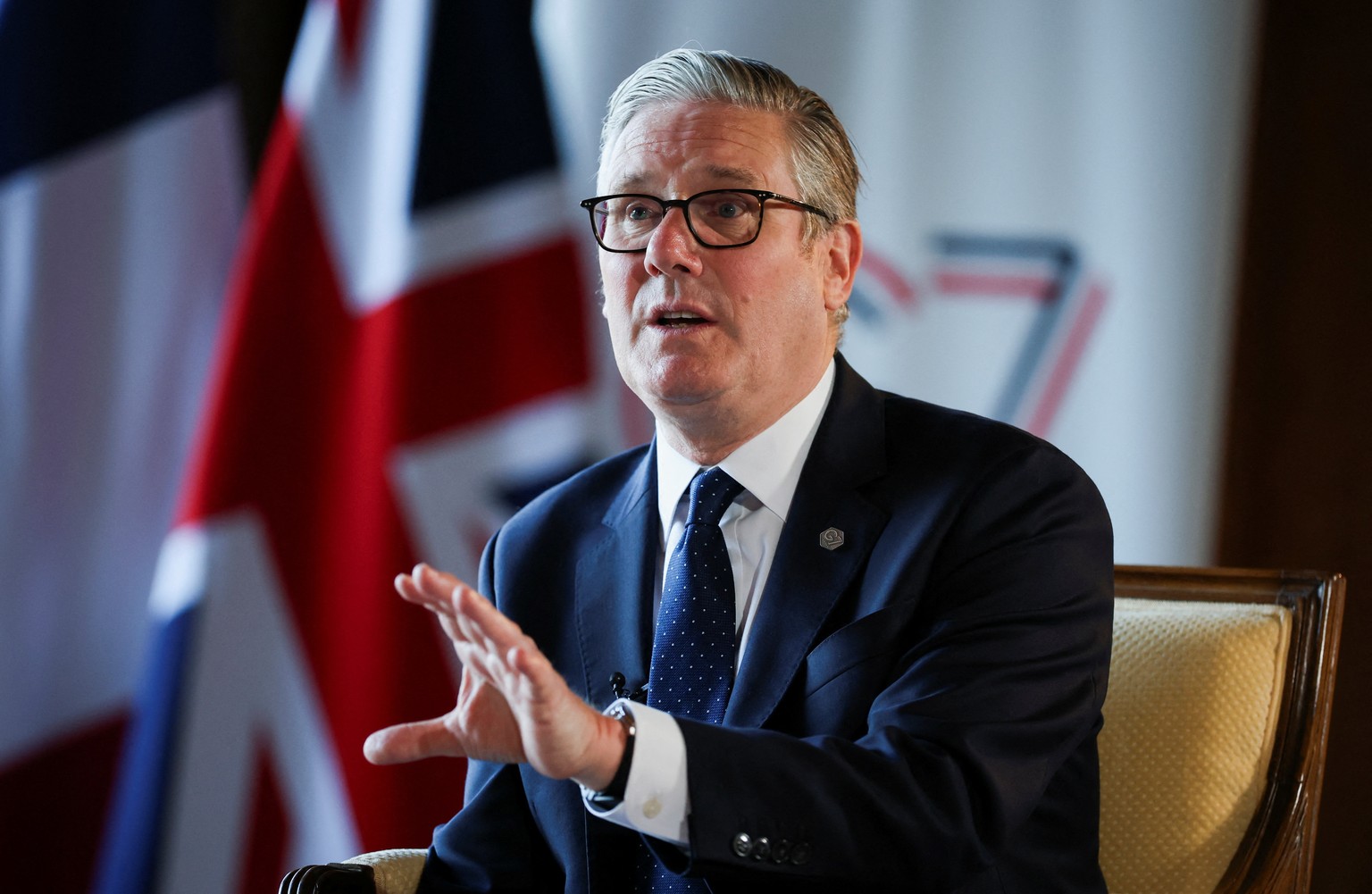 Britain's Prime Minister Keir Starmer speaks to the members of the media on the sidelines of the G7 summit, in Thonon-les-Bains, France, Wednesday, June 17, 2026. (Isabel Infantes/Pool Photo via  ...