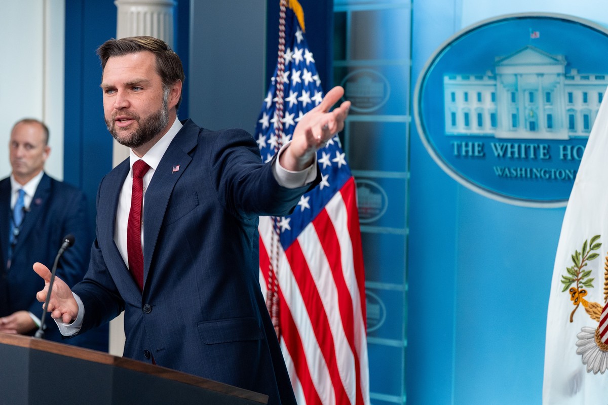 Vice President JD Vance speaks with reporters in the James Brady Press Briefing Room at the White House, Thursday, Sept. 3, 2026, in Washington. (AP Photo/Alex Brandon) CORRECTION: Date corrected to S ...