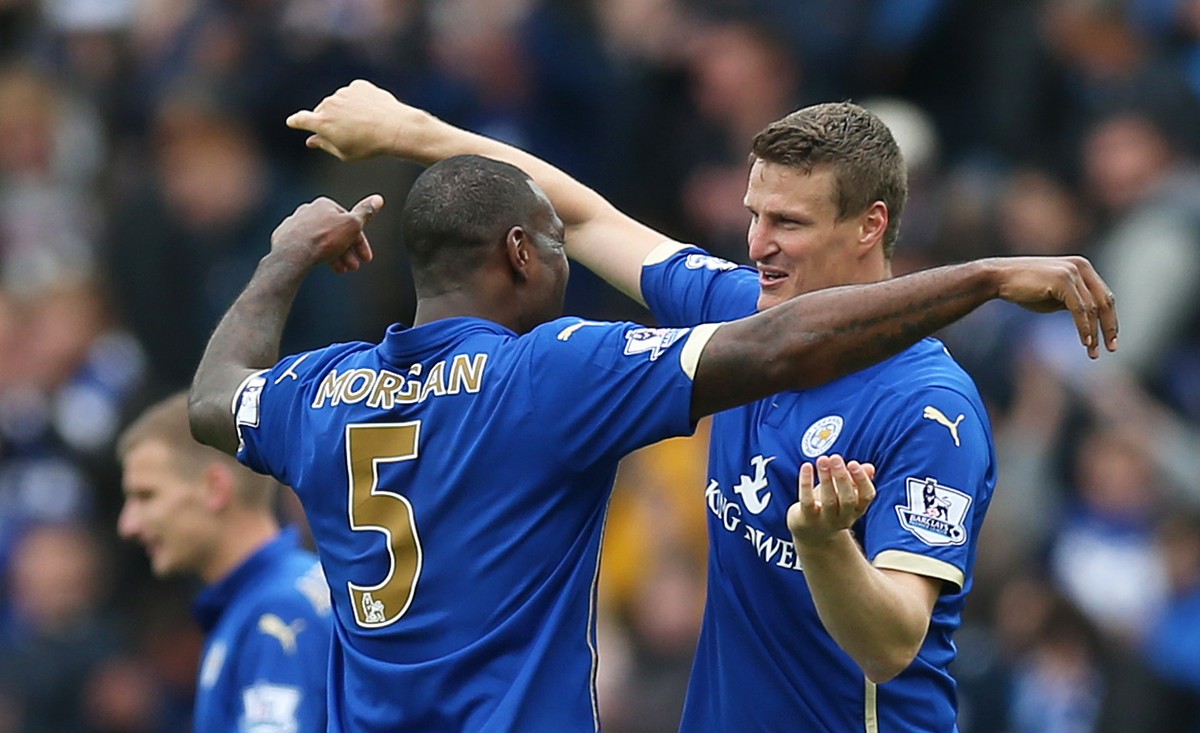 Football - Leicester City v Newcastle United - Barclays Premier League - King Power Stadium - 2/5/15
Leicester's Robert Huth and Wes Morgan celebrate after the game
Action Images via Reuters /  ...