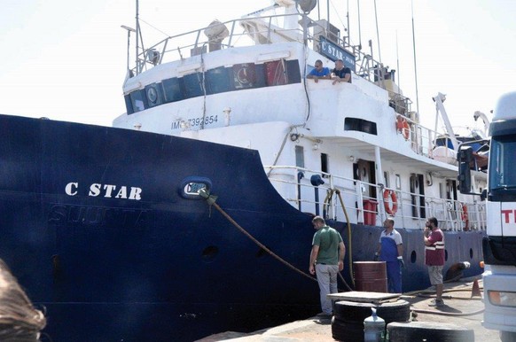 epa06112799 The far-right group Defend Europe &#039;C-Star&#039; ship is seen in the port of Famagusta, Northern Cyprus, 27 July 2017. The C-Star is a ship hired by a European far-right movement aimin ...