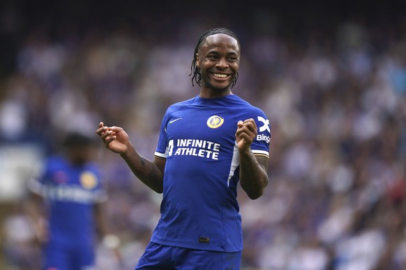 Chelsea&#039;s Raheem Sterling reacts, during the English Premier League soccer match between Chelsea FC and AFC Bournemouth at Stamford Bridge, London, Sunday May 19, 2024. (Bradley Collyer/PA via AP ...