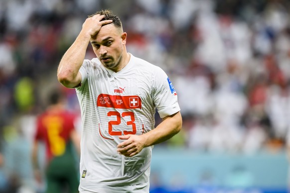 epa10352902 Switzerland&#039;s Xherdan Shaqiri reacts during the FIFA World Cup 2022 round of 16 soccer match between Portugal and Switzerland at Lusail Stadium in Lusail, Qatar, 06 December 2022. EPA ...