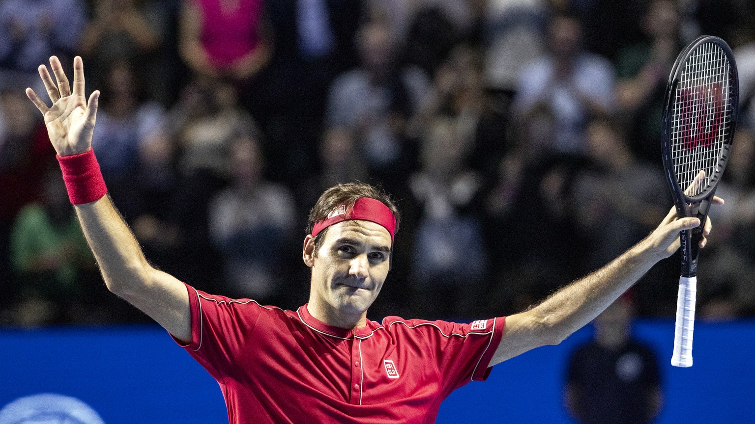 Roger Federer of Switzerland reacts after winning the semifinal match against Stefanos Tsitsipas of Greece at the Swiss Indoors tennis tournament at the St. Jakobshalle in Basel, Switzerland, on Satur ...