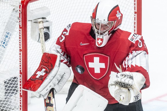 Switzerland&#039;s Leonardo Genoni during the game between Switzerland and Russia, at the IIHF 2019 World Ice Hockey Championships, at the Ondrej Nepela Arena in Bratislava, Slovakia, on Sunday, May 1 ...