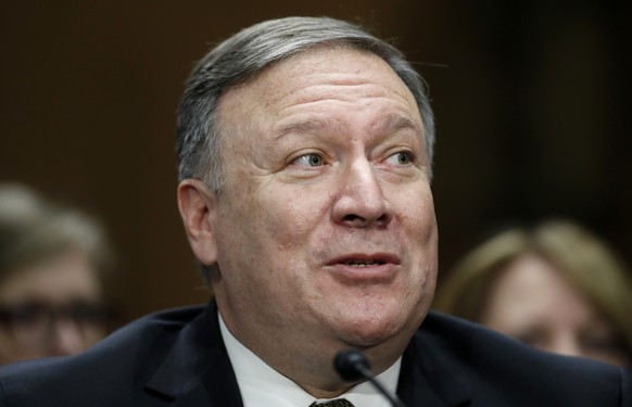 Secretary of State-designate Mike Pompeo speaks during the Senate Foreign Relations Committee hearing on his confirmation Thursday, April 12, 2018, on Capitol Hill in Washington. (AP Photo/Alex Brando ...