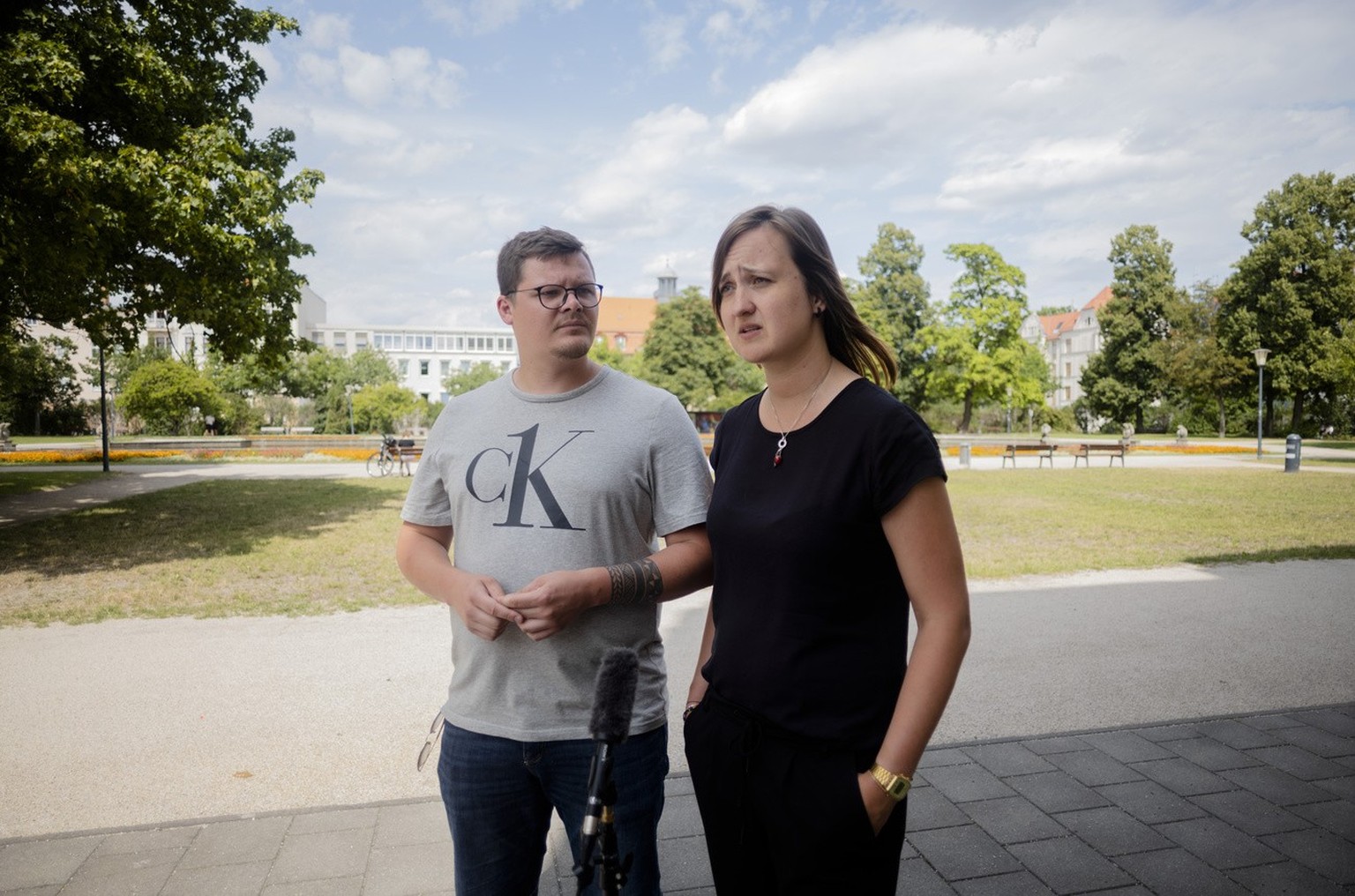Teachers Laura Nickel, right, and Max Teske speak to The Associated Press during an interview in Cottbus, Germany, Wednesday, July 19, 2023. Two teachers in eastern Germany tried to counter the far-ri ...
