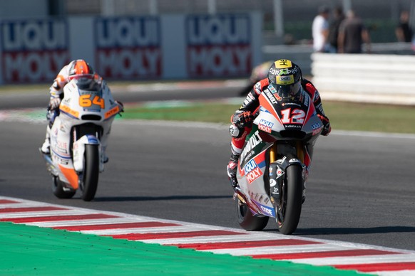 epa07839116 Swiss Moto2 rider number 12 Tom Luethi (R), during FP1 in Misano World Circuit of the Motorcycling Grand Prix of San Marino and Riviera di Rimini in Misano Adriatico, Italy, 13 September 2 ...