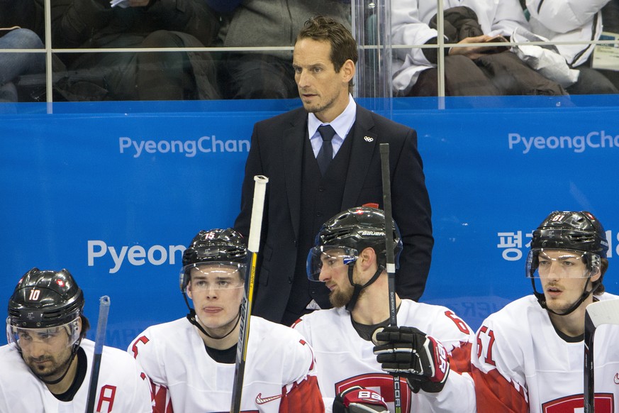 Andres Ambuehl of Switzerland, Gregory Hofmann of Switzerland, Patrick Fischer, head coach of Switzerland, Tristan Scherwey of Switzerland, and Fabrice Herzog of Switzerland, from left, during the men ...