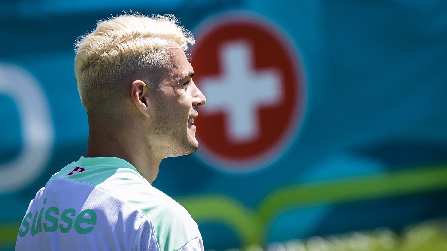 epa09272584 Switzerland&#039;s midfielder Granit Xhaka reacts during a training session for the Euro 2020 soccer tournament at the Tre Fontane sports centre, in Rome, Italy, 15 June 2021. The Swiss na ...