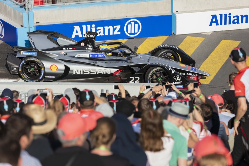 Der Schweizer Sebastien Buemi vom Team Nissan e.dams waehrend dem Rennen des Swiss E-Prix 2019 am Samstag, 22. Juni 2019 in Bern. Buemi faehrt im Heimrennen aufs Podest und sichert sich den dritten Pl ...