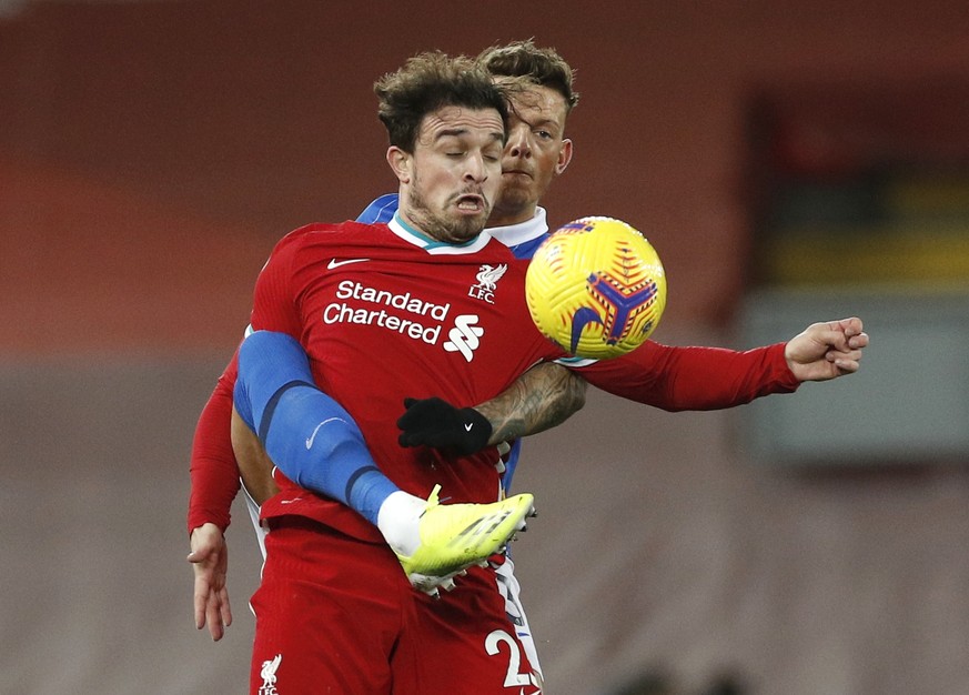 epa08985524 Liverpool&#039;s Xherdan Shaqiri (L) in action against Brighton&#039;s Ben White (R) during the English Premier League soccer match between Liverpool FC and Brighton Hove Albion in Liverpo ...