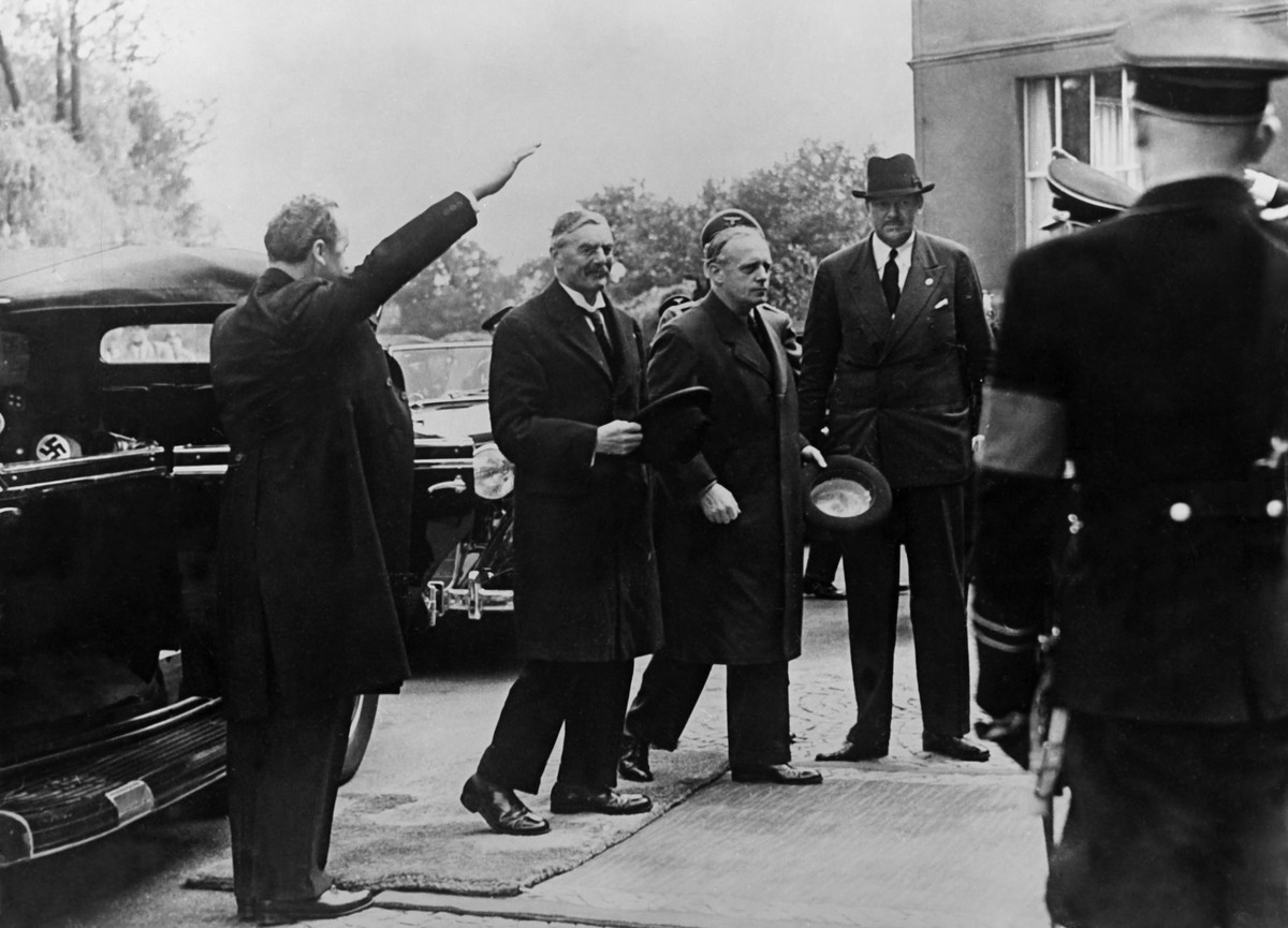 BAD GODESBERG, GERMANY - SEPTEMBER 16: British Prime Minister Neville Chamberlain arrives in Bad Godesberg to meet Adolf Hitler at his Obersalzberg Villa to Prepare The Munich Conference on September  ...