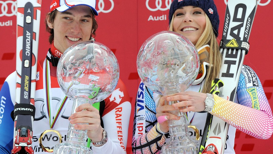 2010: Janka und Vonn mit den Kugeln für den Sieg im Gesamtweltcup.