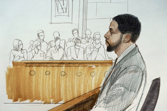 In this courtroom sketch, actor Jussie Smollett takes the stand in his own defense Monday, Dec. 6, 2021, at the Leighton Criminal Courthouse on day five of his trial in Chicago. (AP Photo/Cheryl Cook) ...