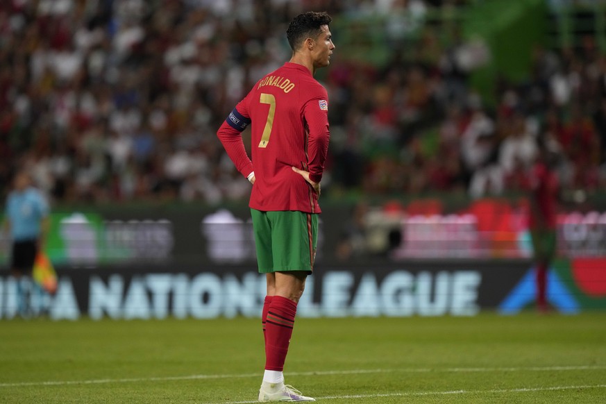 Portugal&#039;s Cristiano Ronaldo stands during the UEFA Nations League soccer match between Portugal and the Czech Republic, at the Jose Alvalade Stadium in Lisbon, Thursday, June 9, 2022. (AP Photo/ ...