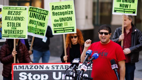FILE - Amazon JFK8 distribution center union organizer Jason Anthony speaks to media on Friday, April 1, 2022, in the Brooklyn borough of New York. The top lawyer for the National Labor Relations Boar ...
