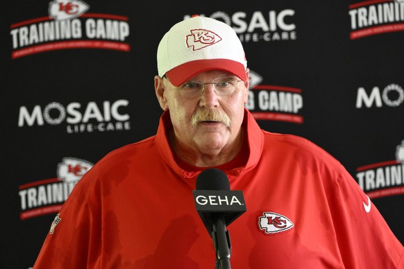 Kansas City Chiefs head coach Andy Reid answers questions from the media after an NFL football training camp Friday, July 26, 2024, in St. Joseph, Mo. (AP Photo/Reed Hoffmann)
Andy Reid