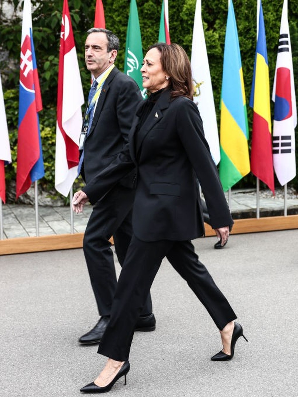 LUCERNE, SWITZERLAND - JUNE 15: US Vice President Kamala Harris walks with officials during the Summit on Peace in Ukraine on June 15, 2024 in Lucerne, Switzerland. The Swiss government reported that  ...