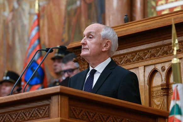 President-elect and former Supreme Court president Andras Baka delivers a speech after being elected President of the Republic during the extraordinary plenary session of the Hungarian Parliament in B ...
