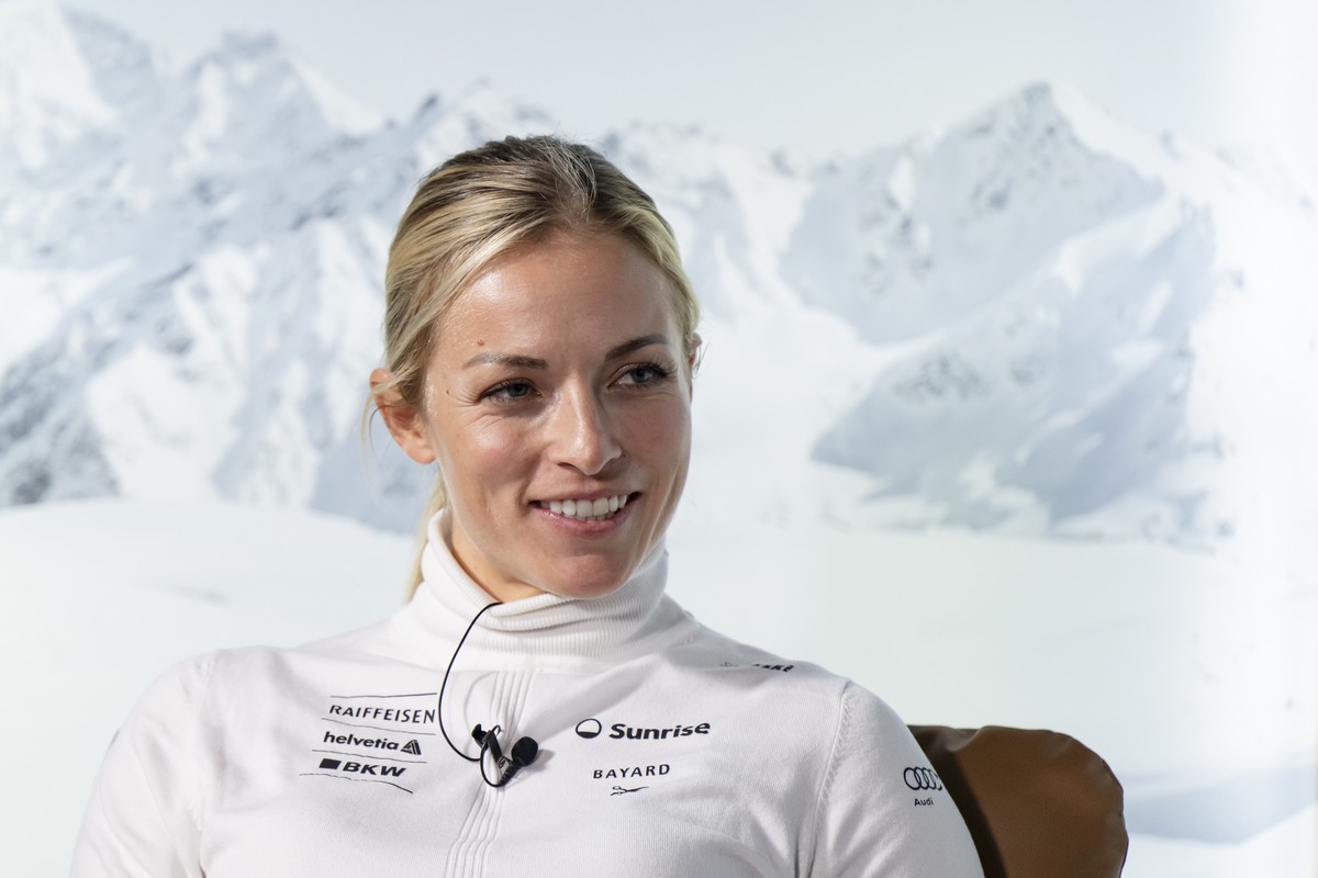 epa11682574 Lara Gut-Behrami of Switzerland attends the FIS Race Talk at the FIS Alpine Skiing World Cup season opener, in Soelden, Austria, 25 October 2024. EPA/JEAN-CHRISTOPHE BOTT
