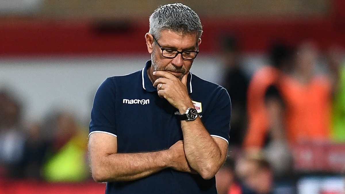 epa07779659 Union's head coach Urs Fischer reacts during the German Bundesliga soccer match between FC Union Berlin and RB Leipzig in Berlin, Germany, 18 August 2019. EPA/FILIP SINGER CONDITIONS  ...