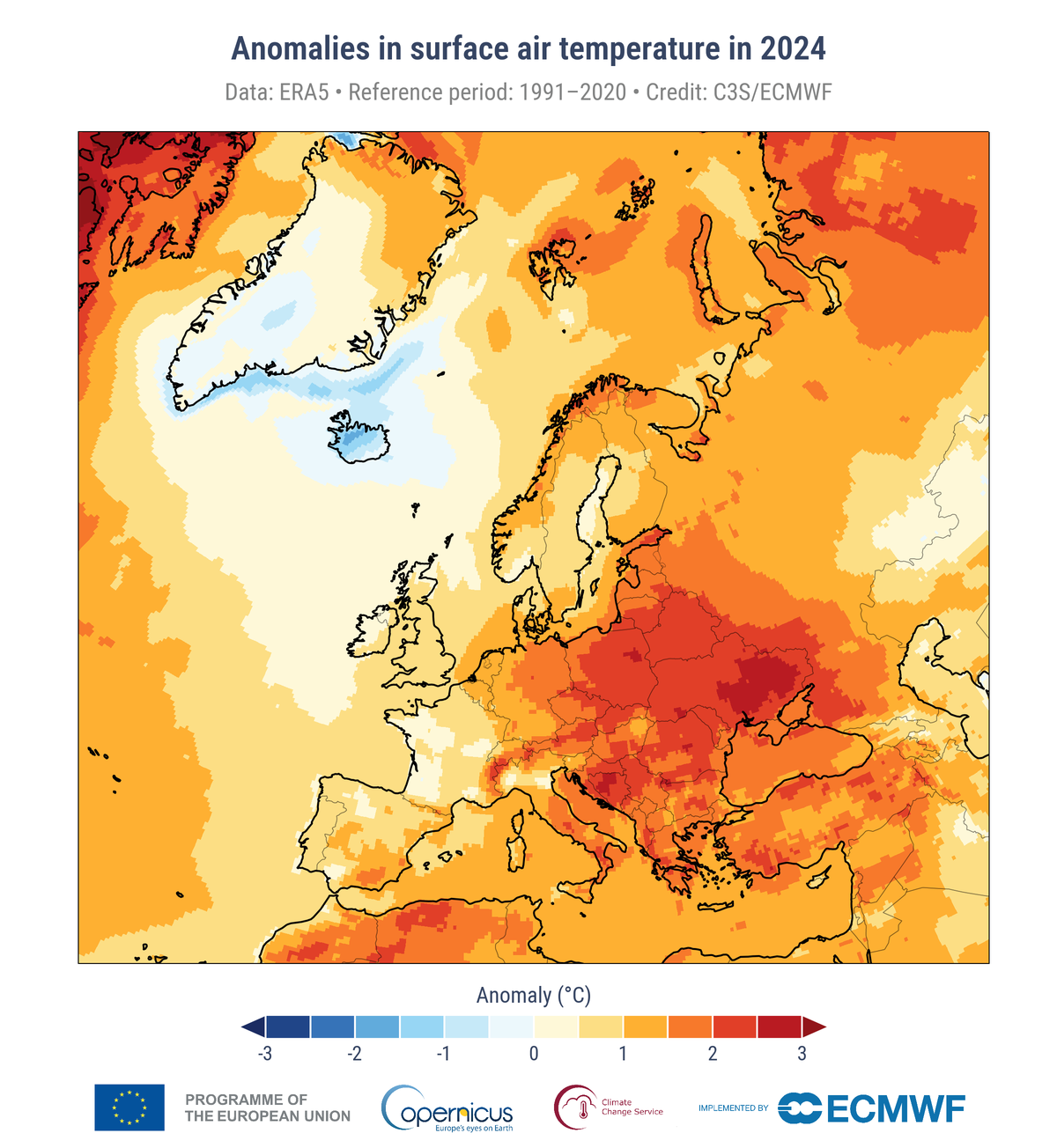 Anomalies de la température de l'air en surface en 2024, par rapport à la moyenne de la période de référence 1991-2020.