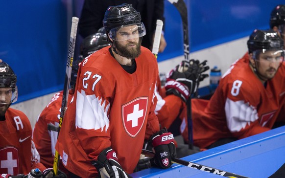 Dominik Schlumpf of Switzerland, during the men ice hockey play-off qualification match between Switzerland and Germany in the Kwandong Hockey Center in Gangneung during the XXIII Winter Olympics 2018 ...