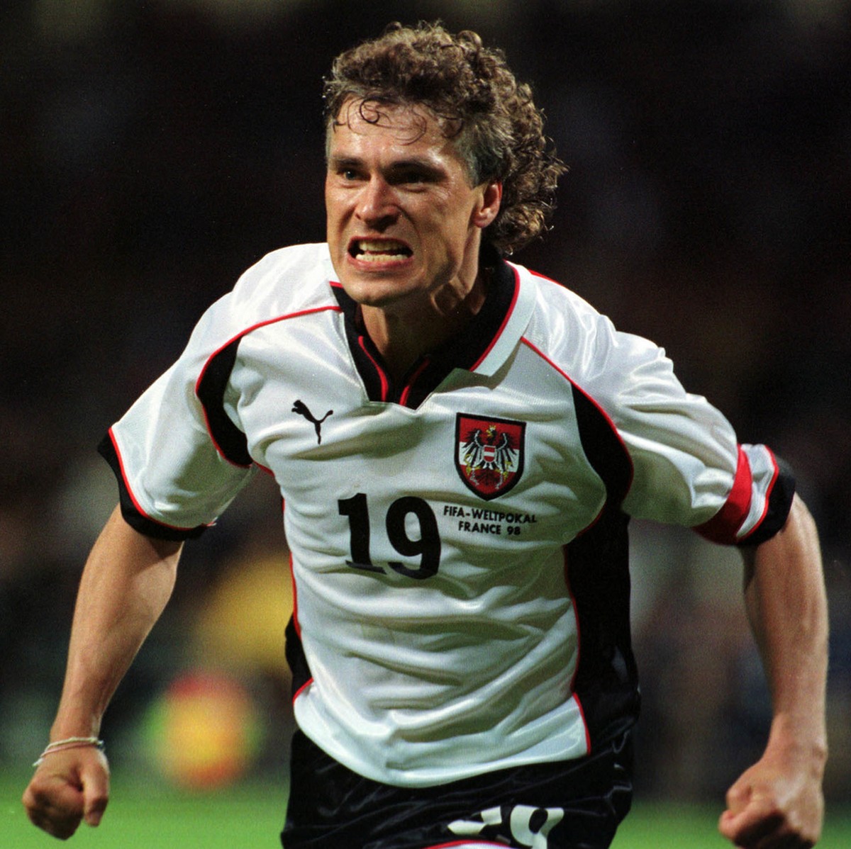 Austria's Anton Polster jubilates for tje goal hi scored against Cameroon during the Cameroon v Austria, Group B, World Cup 98, soccer match at Stadium Municipal of Toulouse, on Thursday June 11, ...