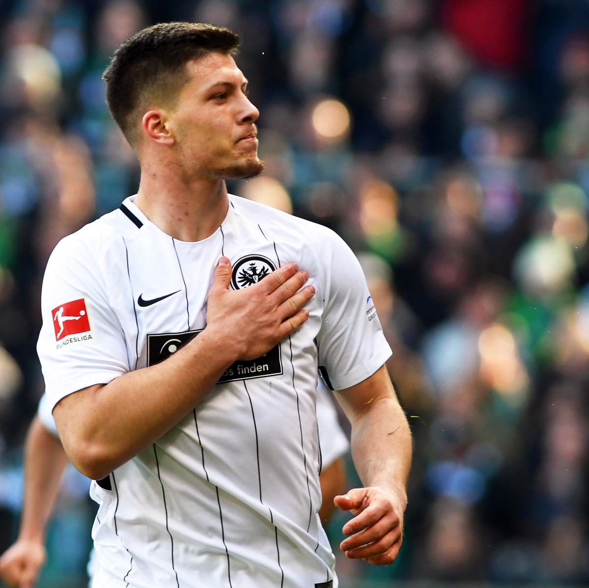 epa07624426 (FILE) - Frankfurt's Luka Jovic reacts after scoring a goal during the German Bundesliga soccer match between Werder Bremen and Eintracht Frankfurt in Bremen, Germany, 01 April 2018 ( ...