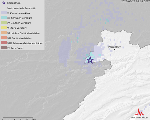 Das Beben hat sich um 22.32 Uhr ungefähr 14 Kilometer südwestlich von Pruntrut ereignet.