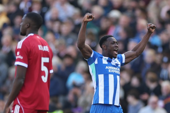 Brighton's Danny Welbeck celebrates after scoring during the English Premier League soccer match between Brighton and Liverpool in Brighton, Saturday, March 21, 2026. (AP Photo/Ian Walton)
Danny  ...