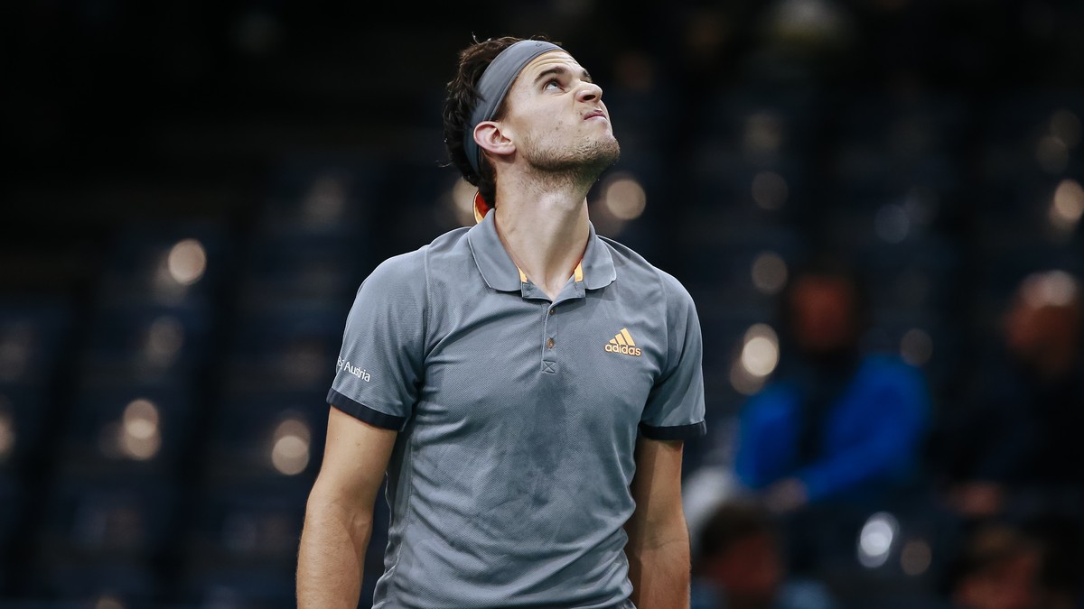 Austria's Dominic Thiem looks up the score board during his match against Bulgaria's Grigor Dimitrov during the third round of the Paris Masters tennis tounament, Thursday, Oct. 31, 2019 in  ...
