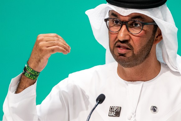 epa11010439 Dr. Sultan Ahmed Al Jaber, President-Designate of COP28 and UAE&#039;s Minister for Industry and Advanced Technology, speaks at a press conference during the UN Climate Change Conference C ...