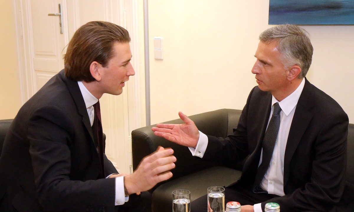 Austrian Foreign Minister Sebastian Kurz, left, meets for talks with Switzerland's Federal President Didier Burkhalter, right, in Vienna, Austria, Friday, Jan. 17, 2014. (AP Photo/Ronald Zak)
